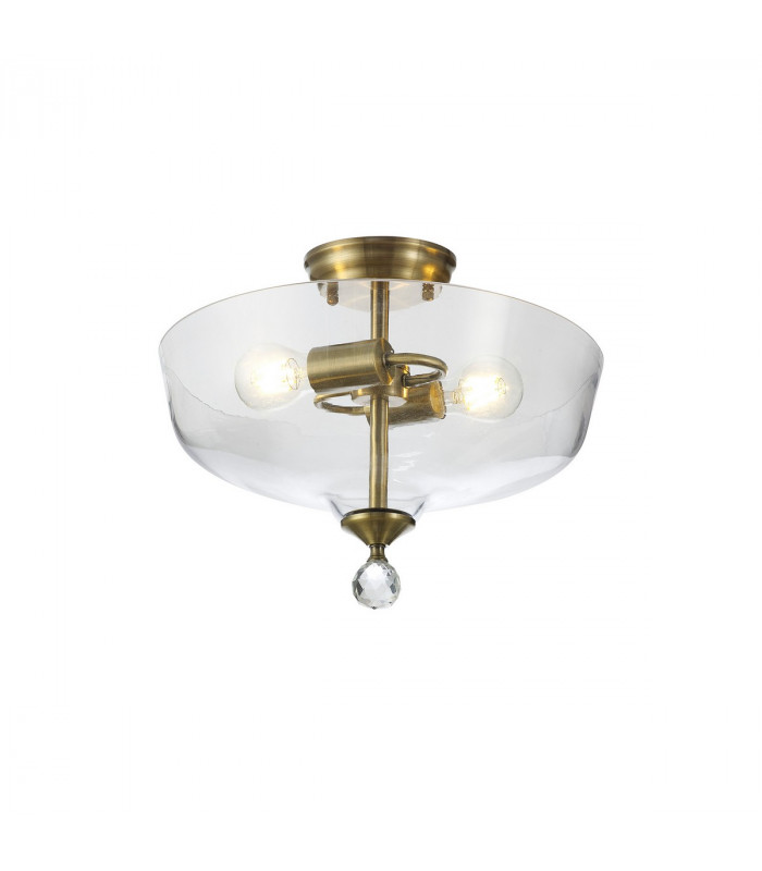 Dresden 2 Light Semi Flush Ceiling Lamp E27 With Flat Round 38cm Glass Shade Antique Brass Clear-1