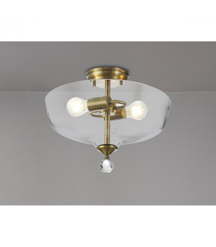 Dresden 2 Light Semi Flush Ceiling Lamp E27 With Flat Round 38cm Glass Shade Antique Brass Clear-3