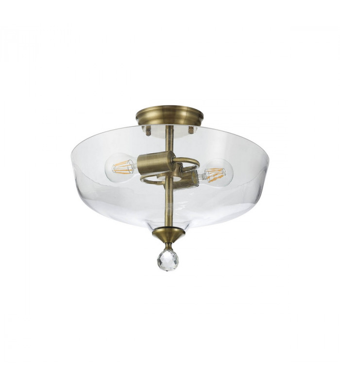 Dresden 2 Light Semi Flush Ceiling Lamp E27 With Flat Round 38cm Glass Shade Antique Brass Clear-4