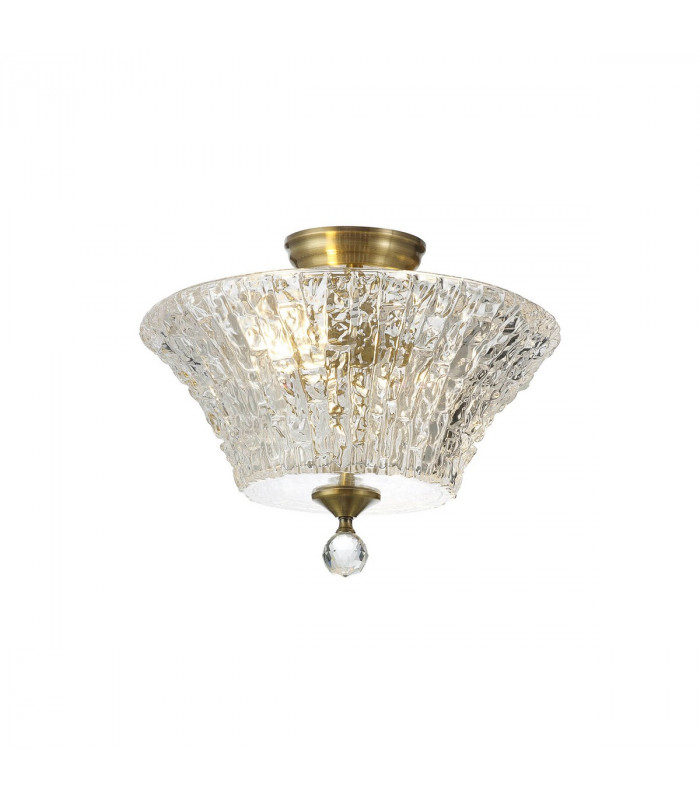 Dresden 2 Light Semi Flush Ceiling Lamp E27 With Round 38cm Patterned Glass Shade Antique Brass Clear-1