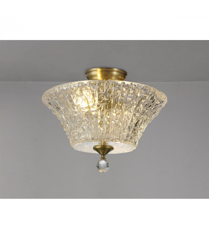 Dresden 2 Light Semi Flush Ceiling Lamp E27 With Round 38cm Patterned Glass Shade Antique Brass Clear-3