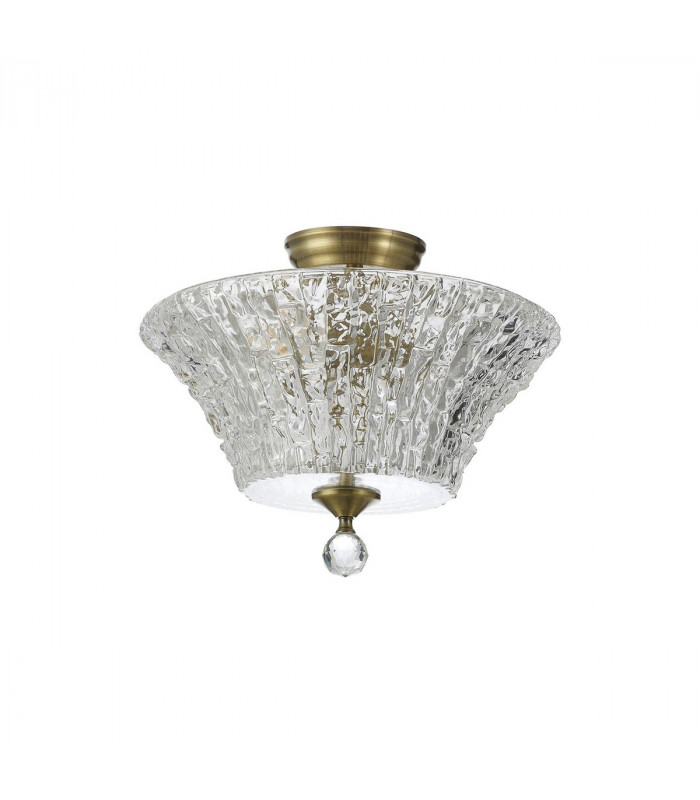 Dresden 2 Light Semi Flush Ceiling Lamp E27 With Round 38cm Patterned Glass Shade Antique Brass Clear-7