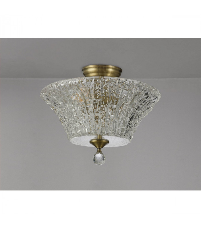 Dresden 2 Light Semi Flush Ceiling Lamp E27 With Round 38cm Patterned Glass Shade Antique Brass Clear-10