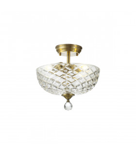 Dresden 2 Light Semi Flush Ceiling Lamp E27 With Flat Round 30cm Patterned Glass Shade Antique Brass Clear-1