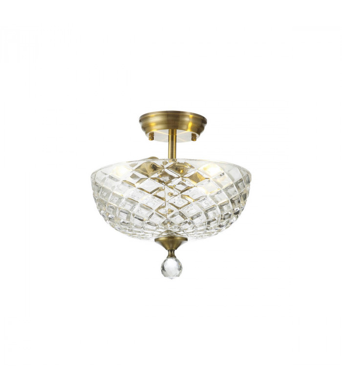 Dresden 2 Light Semi Flush Ceiling Lamp E27 With Flat Round 30cm Patterned Glass Shade Antique Brass Clear-1