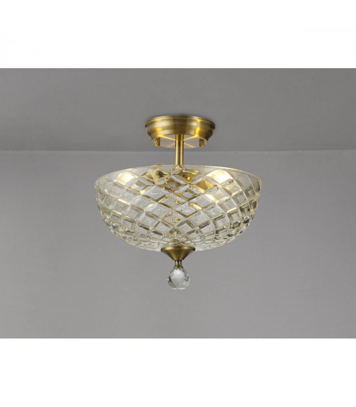 Dresden 2 Light Semi Flush Ceiling Lamp E27 With Flat Round 30cm Patterned Glass Shade Antique Brass Clear-3