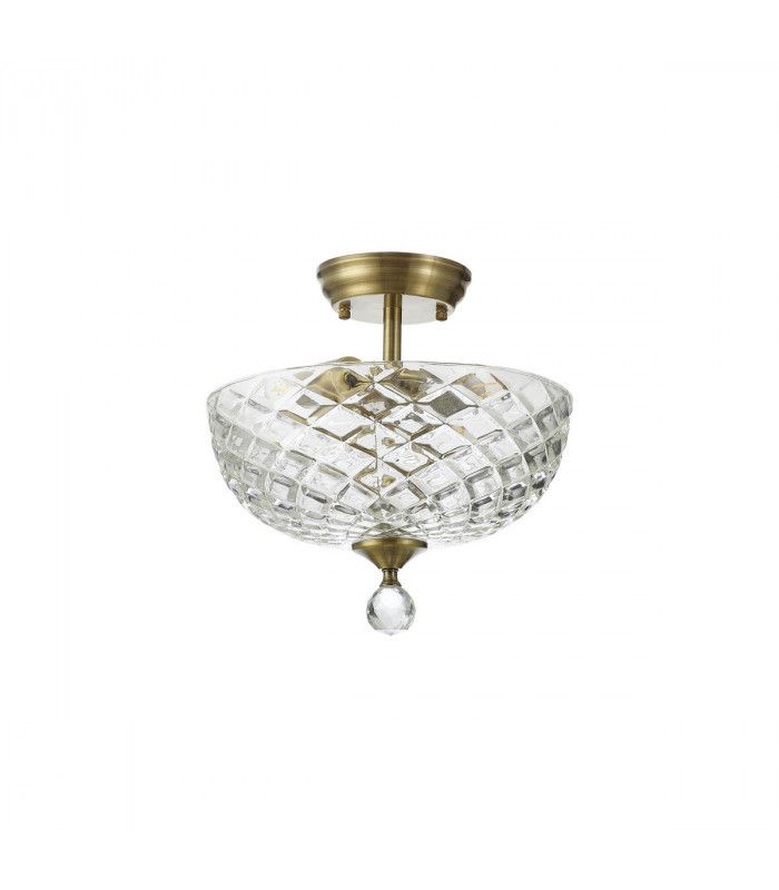 Dresden 2 Light Semi Flush Ceiling Lamp E27 With Flat Round 30cm Patterned Glass Shade Antique Brass Clear-7