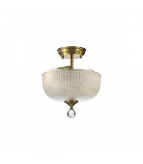 Dresden 2 Light Semi Flush Ceiling Lamp E27 With Round 26.5cm Prismatic Effect Glass Shade Antique Brass Clear-1
