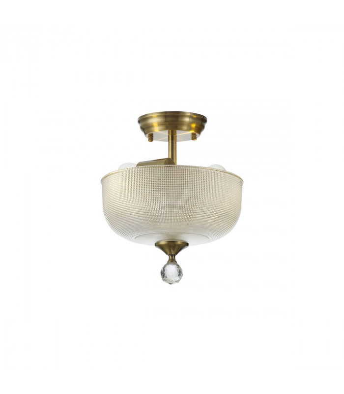 Dresden 2 Light Semi Flush Ceiling Lamp E27 With Round 26.5cm Prismatic Effect Glass Shade Antique Brass Clear-1