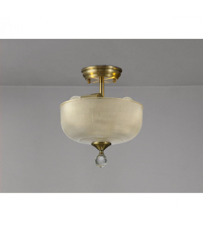 Dresden 2 Light Semi Flush Ceiling Lamp E27 With Round 26.5cm Prismatic Effect Glass Shade Antique Brass Clear-3