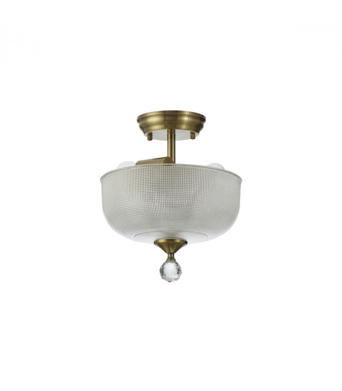 Dresden 2 Light Semi Flush Ceiling Lamp E27 With Round 26.5cm Prismatic Effect Glass Shade Antique Brass Clear-7