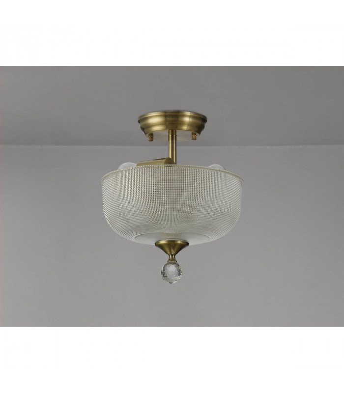 Dresden 2 Light Semi Flush Ceiling Lamp E27 With Round 26.5cm Prismatic Effect Glass Shade Antique Brass Clear-10