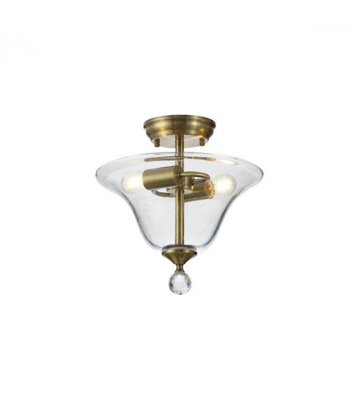Dresden 2 Light Semi Flush Ceiling Lamp E27 With Smooth Bell 30cm Glass Shade Antique Brass Clear-1
