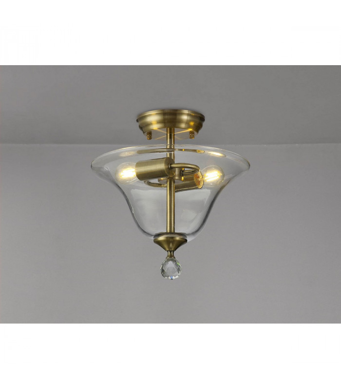 Dresden 2 Light Semi Flush Ceiling Lamp E27 With Smooth Bell 30cm Glass Shade Antique Brass Clear-3