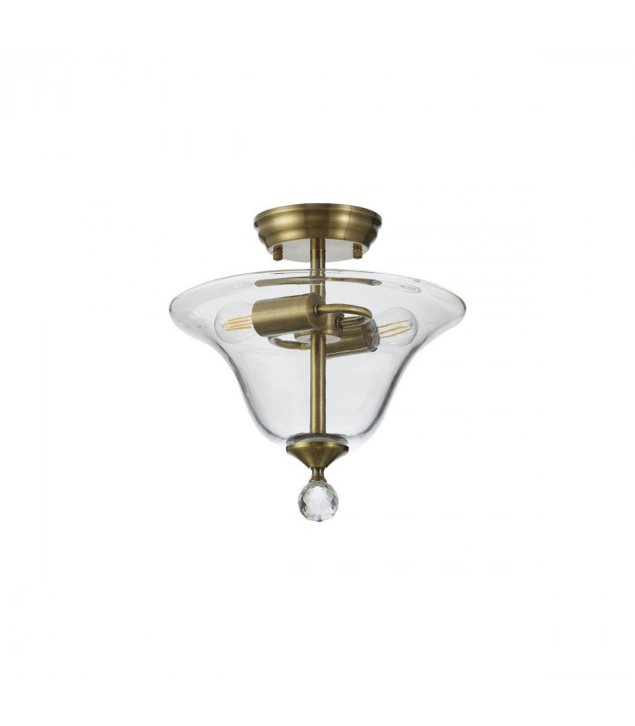 Dresden 2 Light Semi Flush Ceiling Lamp E27 With Smooth Bell 30cm Glass Shade Antique Brass Clear-7