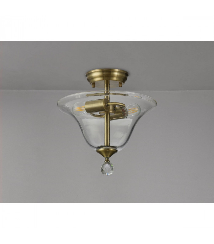 Dresden 2 Light Semi Flush Ceiling Lamp E27 With Smooth Bell 30cm Glass Shade Antique Brass Clear-10