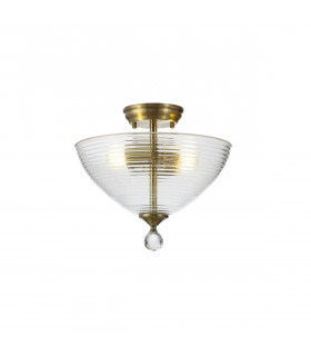 Dresden 2 Light Semi Flush Ceiling Lamp E27 With Round 33.5cm Prismatic Effect Glass Shade Antique Brass Clear-1