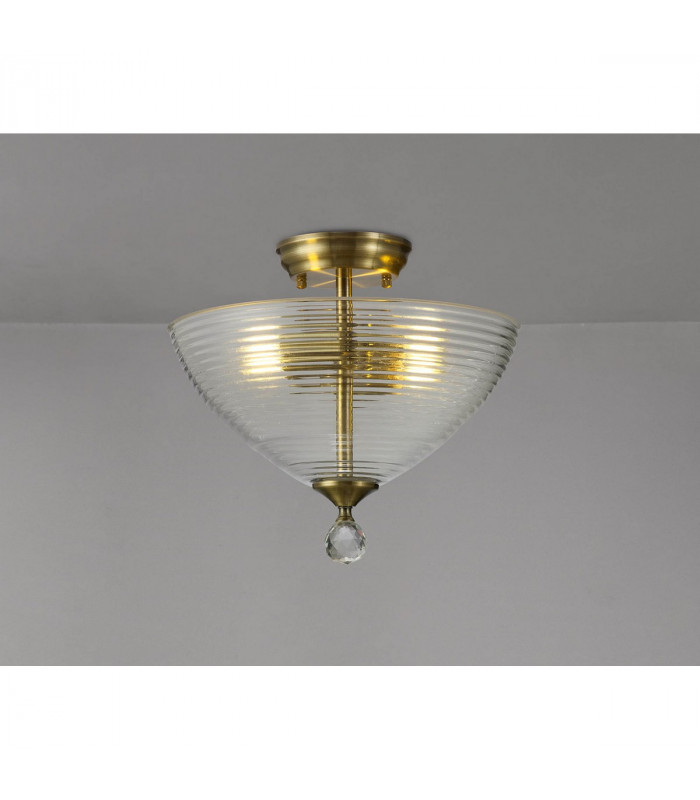 Dresden 2 Light Semi Flush Ceiling Lamp E27 With Round 33.5cm Prismatic Effect Glass Shade Antique Brass Clear-3