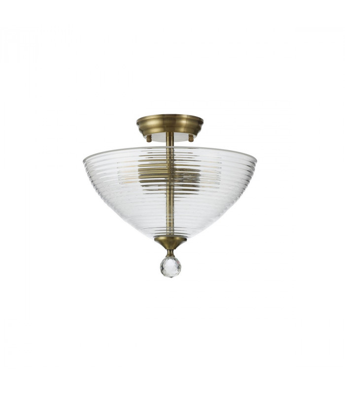 Dresden 2 Light Semi Flush Ceiling Lamp E27 With Round 33.5cm Prismatic Effect Glass Shade Antique Brass Clear-7