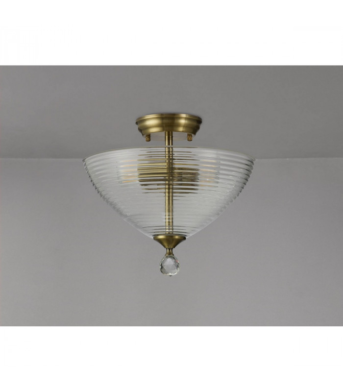 Dresden 2 Light Semi Flush Ceiling Lamp E27 With Round 33.5cm Prismatic Effect Glass Shade Antique Brass Clear-10