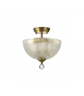 Dresden 2 Light Semi Flush Ceiling Lamp E27 With Round 30cm Prismatic Effect Glass Shade Antique Brass Clear-1