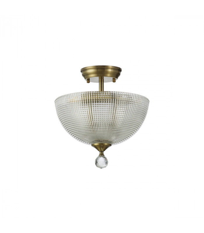 Dresden 2 Light Semi Flush Ceiling Lamp E27 With Round 30cm Prismatic Effect Glass Shade Antique Brass Clear-7