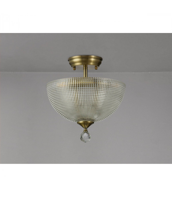 Dresden 2 Light Semi Flush Ceiling Lamp E27 With Round 30cm Prismatic Effect Glass Shade Antique Brass Clear-10