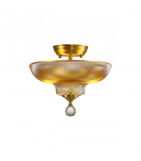 Dresden 2 Light Semi Flush Ceiling Lamp E27 With Round 30cm Glass Shade Satin Gold Amber-1