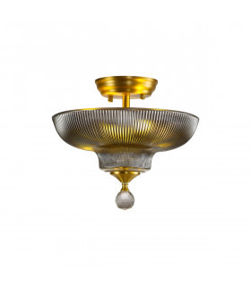Dresden 2 Light Semi Flush Ceiling Lamp E27 With Round 30cm Glass Shade Satin Gold Smoked-1