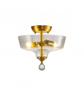 Dresden 2 Light Semi Flush Ceiling Lamp E27 With Flat Round 30cm Glass Shade Satin Gold Clear-1