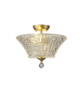 Dresden 2 Light Semi Flush Ceiling Lamp E27 With Round 38cm Patterned Glass Shade Satin Gold Clear-1