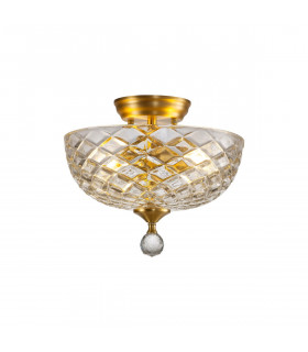Dresden 2 Light Semi Flush Ceiling Lamp E27 With Flat Round 30cm Patterned Glass Shade Satin Gold Clear-1