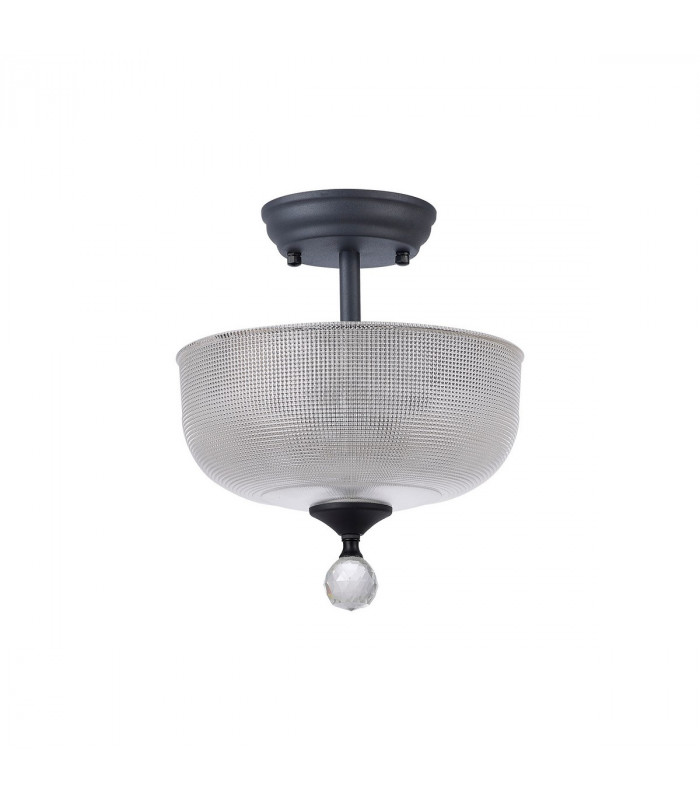 Dresden 2 Light Semi Flush Ceiling Lamp E27 With Round 26.5cm Prismatic Effect Glass Shade Graphite Clear-9