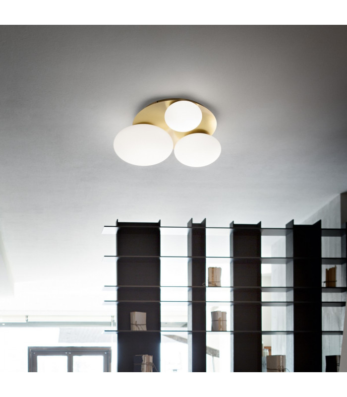 NINFEA 3 Light Round DecoratiGlass Flush Ceiling Light Brass-2
