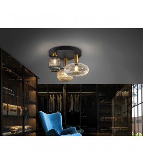 Norma 3 Light Globe Ceiling Light Black Brass 3 Crystal Shades E27-2
