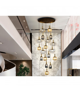 Norma 18 Light Cluster Pendant Ceiling Light Black Brass 3 Crystal Shades E27-1