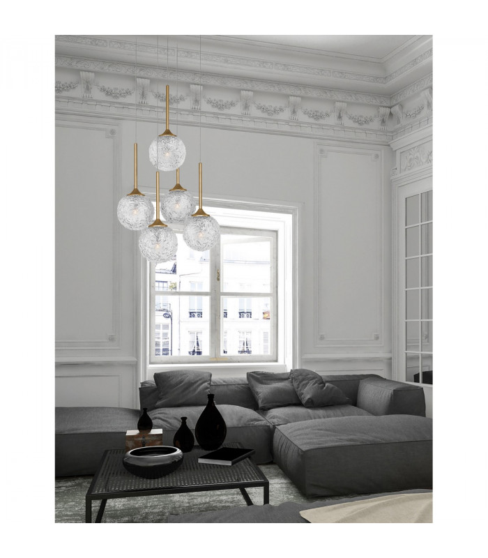 Mirano 5 Light Cluster Pendant Ceiling Light Clear Structured Glass Brushed Gold Steel LED G9 IP20-2