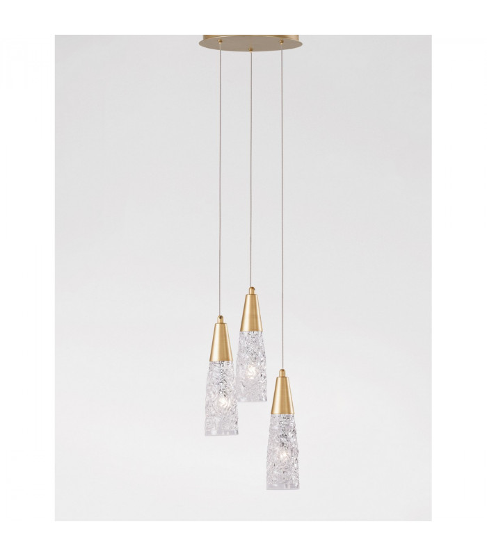 Kovac 3 Light Cluster Pendant Ceiling Light Brushed Gold Steel Clear Structured Glass LED G9-3