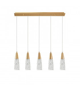 Kovac 5 Light Bar Pendant Ceiling Light Brushed Gold Steel Clear Structured Glass LED G9-1