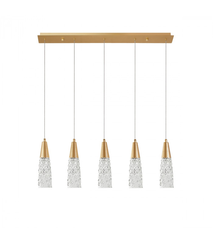 Kovac 5 Light Bar Pendant Ceiling Light Brushed Gold Steel Clear Structured Glass LED G9-1