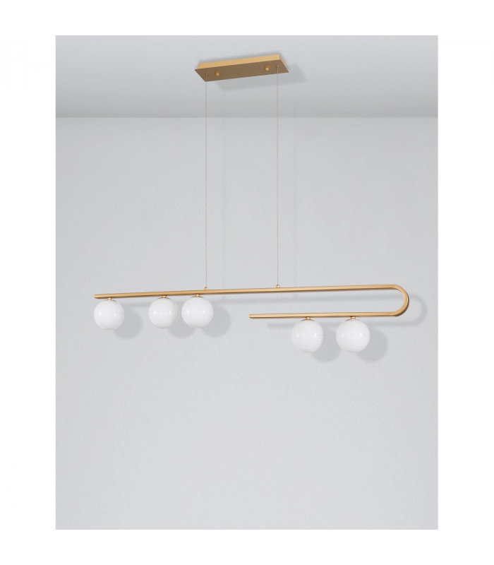 Cantona 5 Light Bar Pendant Ceiling Light White Opal Glass Brass Gold LED G9-3