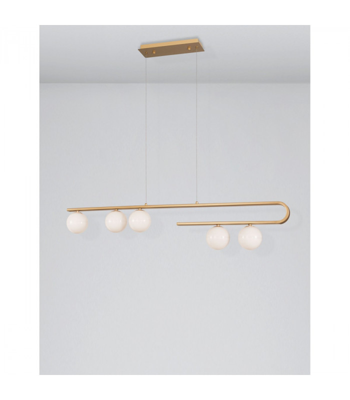 Cantona 5 Light Bar Pendant Ceiling Light White Opal Glass Brass Gold LED G9-4