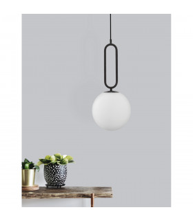 Grus 20cm Globe Pendant Ceiling Light Matt Black Metal Opal Glass LED E27-2