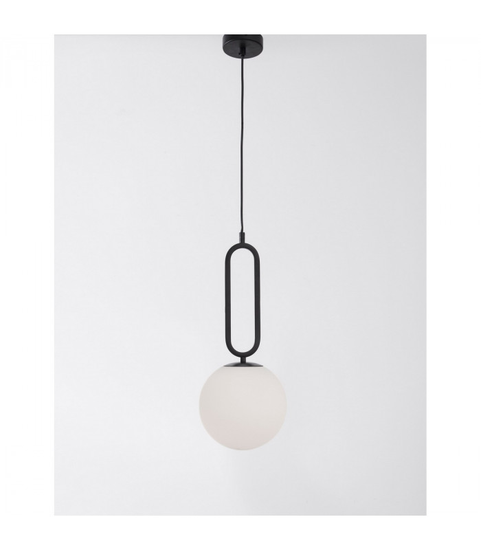 Grus 20cm Globe Pendant Ceiling Light Matt Black Metal Opal Glass LED E27-3
