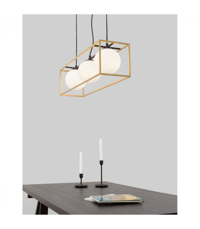 Juliet 3 Light Bar Pendant Ceiling Light Brass Black Metal White Opal Glass LED E14-2