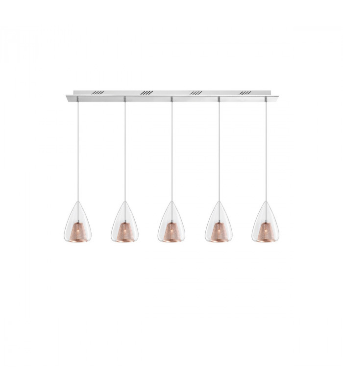 Hugo 5 Light Bar Pendant Ceiling Light Chrome Aluminium Clear Glass Rose Gold Frame LED G9-1