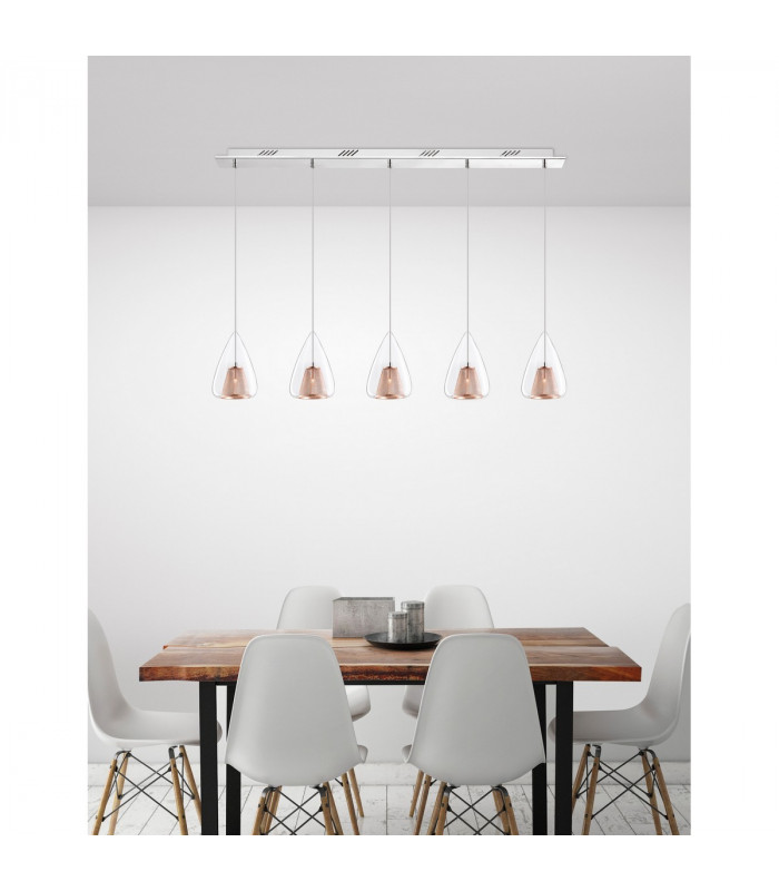 Hugo 5 Light Bar Pendant Ceiling Light Chrome Aluminium Clear Glass Rose Gold Frame LED G9-2