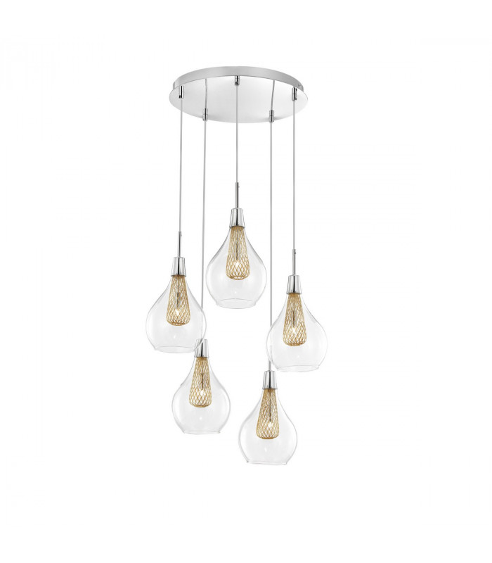 Filo 5 Light Cluster Pendant Ceiling Light Chrome Aluminium Clear Glass Gold Frame LED G9-1