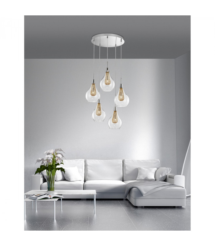 Filo 5 Light Cluster Pendant Ceiling Light Chrome Aluminium Clear Glass Gold Frame LED G9-2