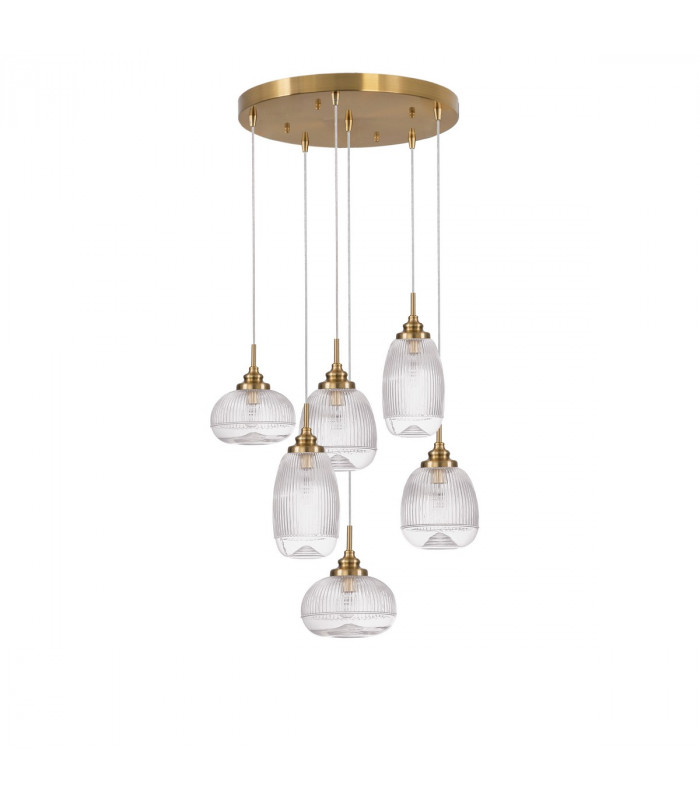 Mond 6 Light Cluster Pendant Ceiling Light Satin Gold Metal Clear Glass LED E14IP20-1